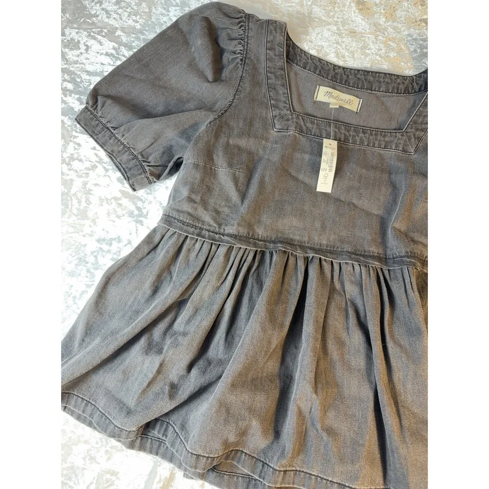 Madewell Chambray Peplum Top XS Puff Sleeve Square Neck Babydoll Cottagecore